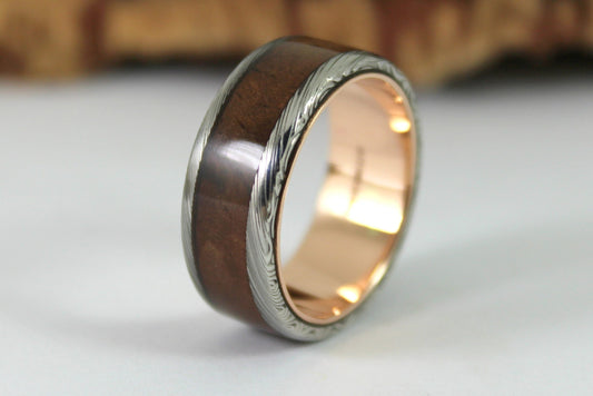 Rose Gold & Damascus Steel Ring with Walnut
