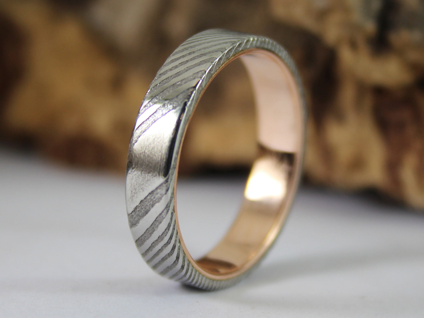Wood Grain Damascus Steel Ring with 9ct Rose Gold Inside