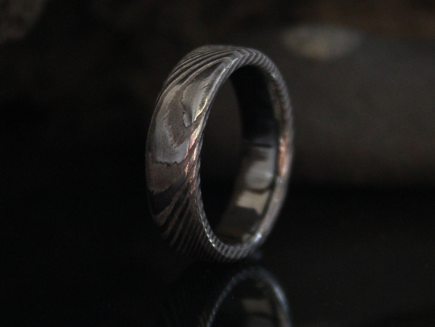 Wood Grain Damascus Steel Ring with Smooth Inside