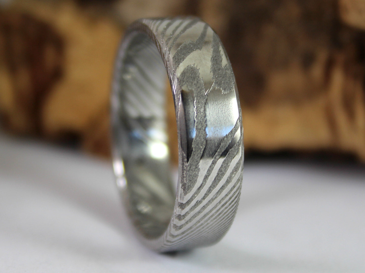 Wood Grain Damascus Steel Ring, Stainless Damascus Wedding Band