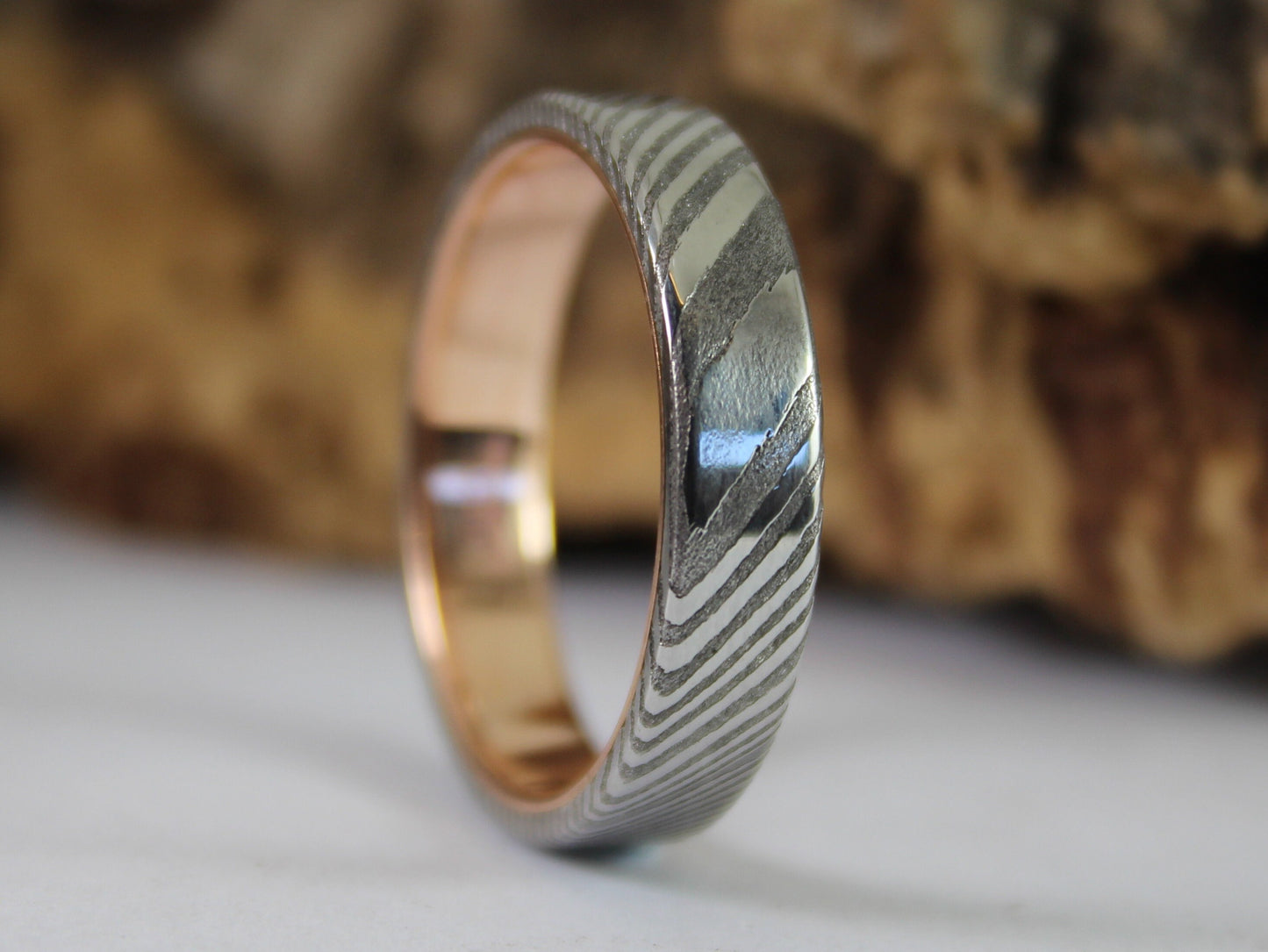 Wood Grain Damascus Steel Ring with 9ct Rose Gold Inside