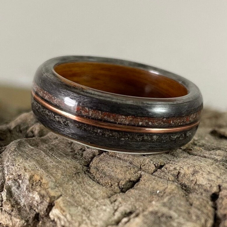 Dinosaur Bone, Meteorite and Copper Bent Wood Ring (Rosewood & Grey Maple)