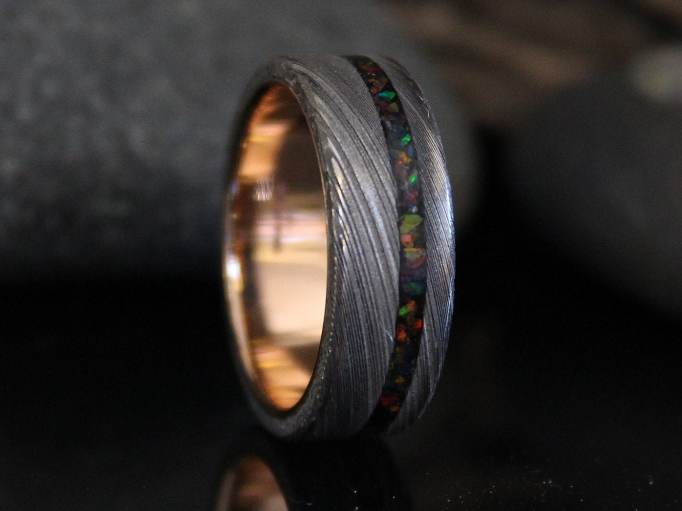 Damascus Steel Ring with Rose Gold and Black Opal