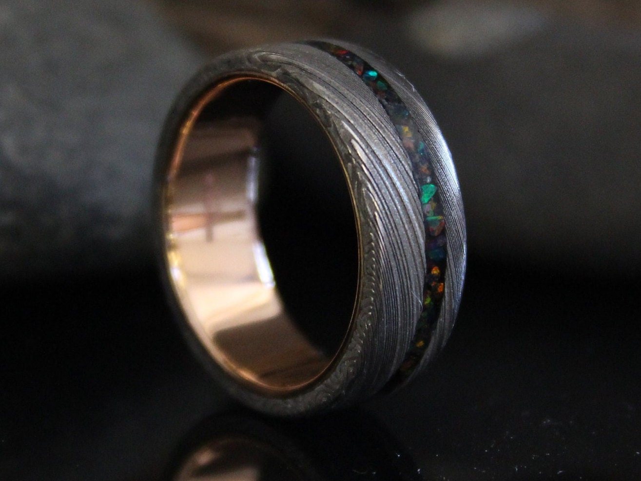 Damascus Steel Ring with Rose Gold and Black Opal