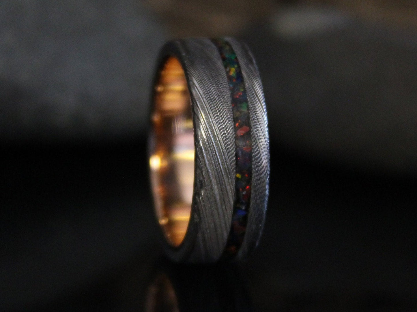 Damascus Steel Ring with Rose Gold and Black Opal