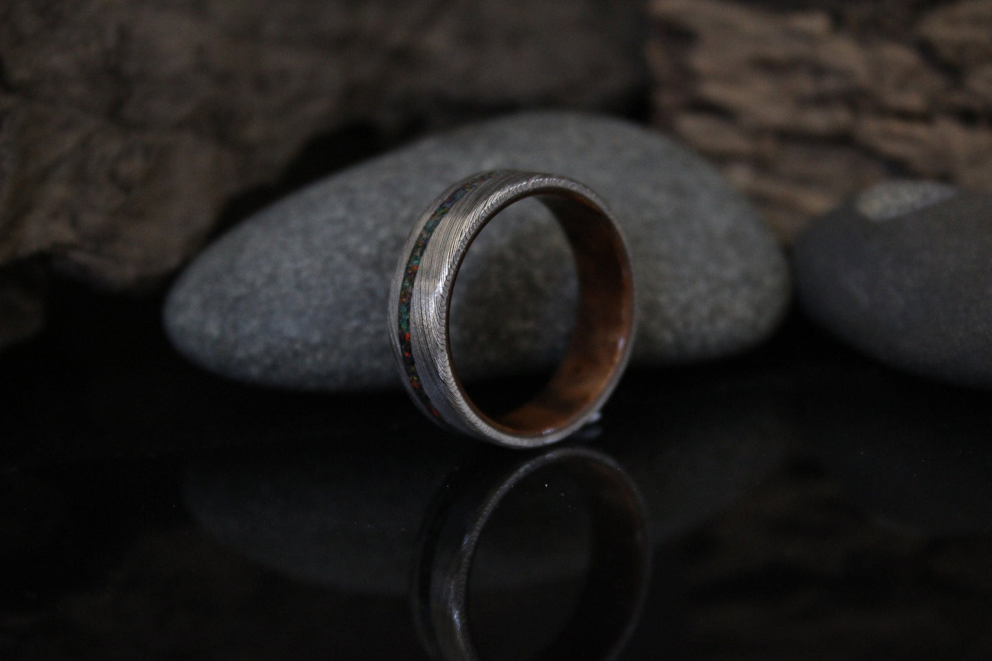 Damascus Steel Ring with Walnut Wood and Black Opal