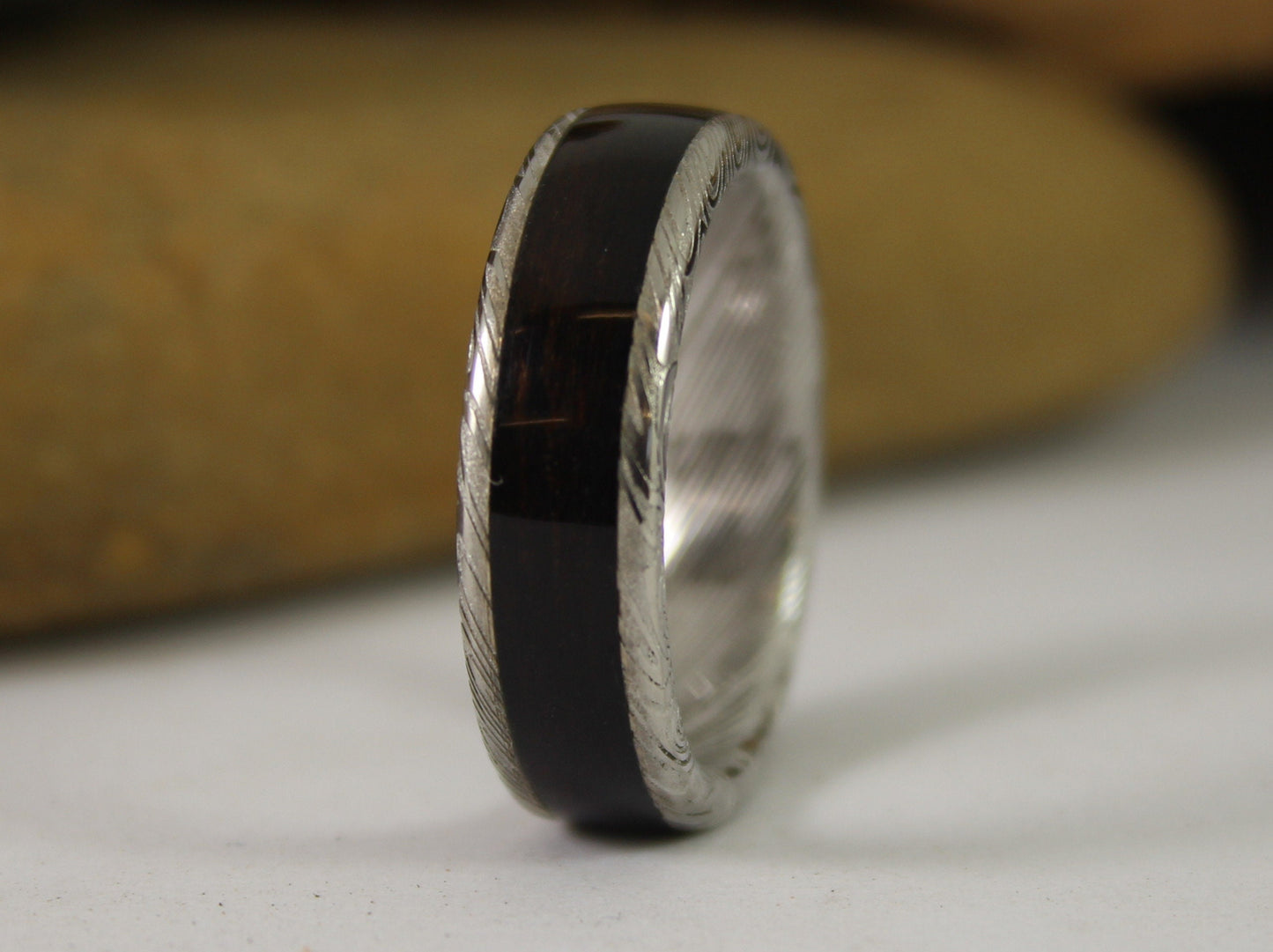 Damascus Steel Ring With Ebony Wood Inlay