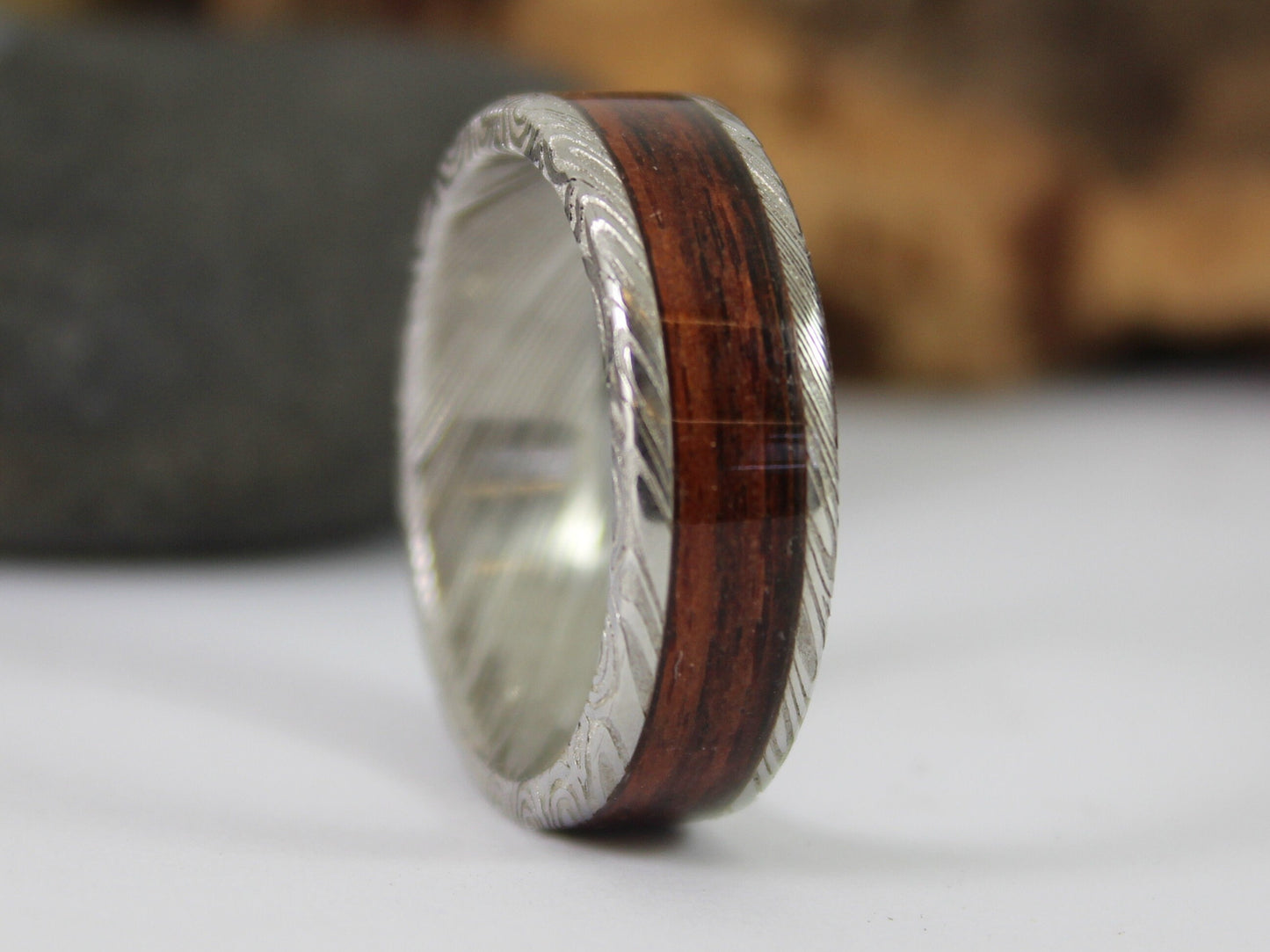 Damascus Steel Ring With Kingwood Inlay