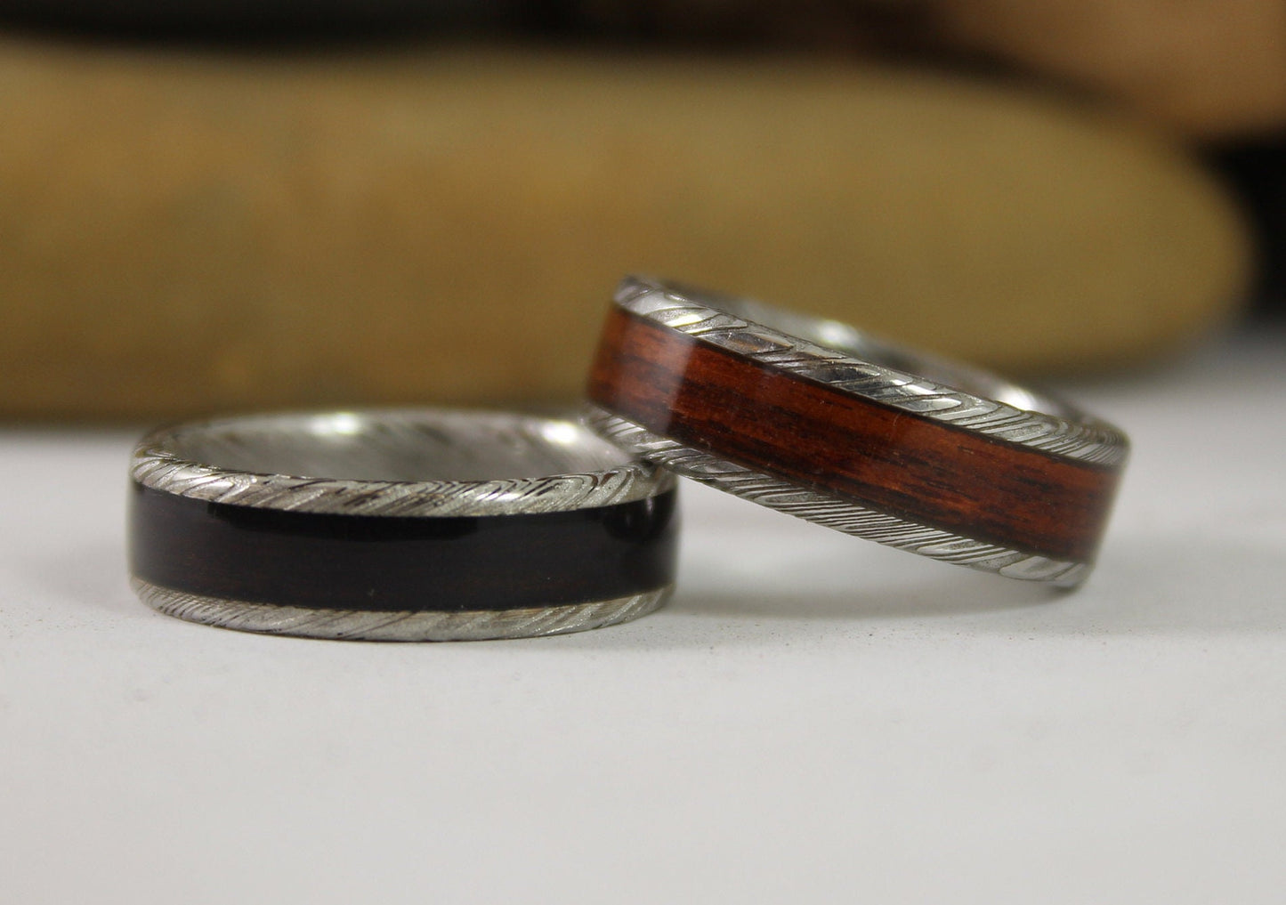 Damascus Steel Ring With Kingwood Inlay