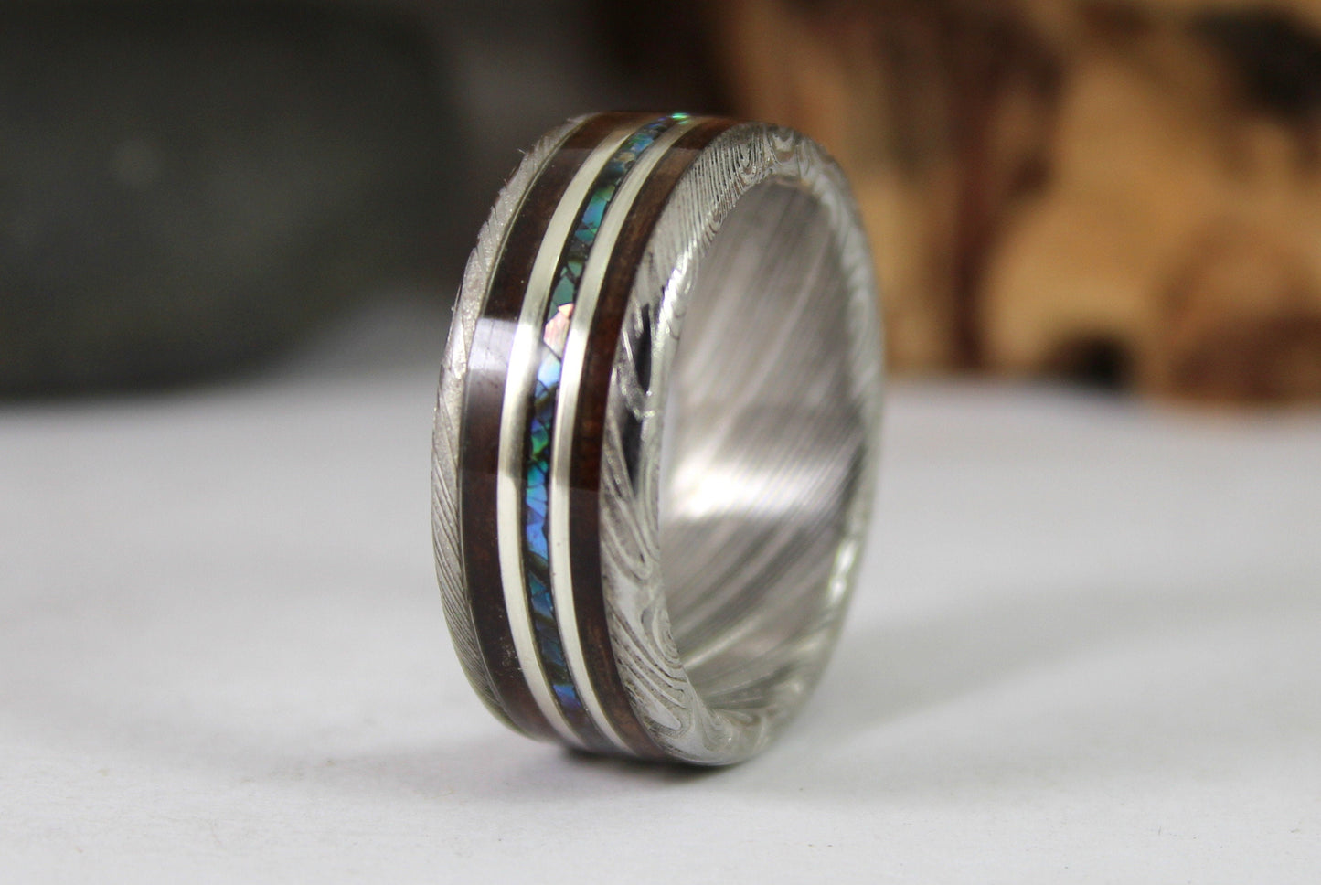 Damascus Steel Ring with Wood, Abalone Shell and Silver