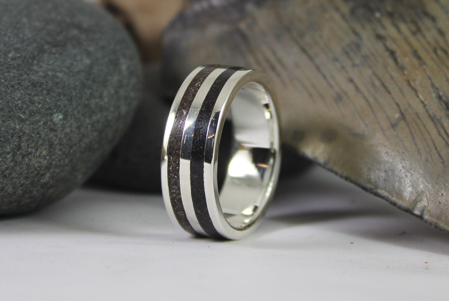 Silver Ring with Megalodon Tooth Fossil and Tektite Meteorite