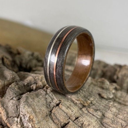 Walnut & Grey Maple with Copper and Silver Bent Wood Ring