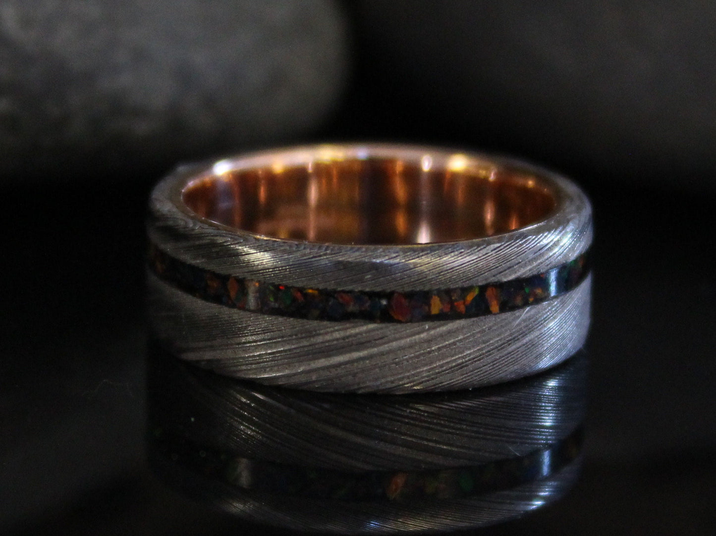 Damascus Steel Ring with Rose Gold and Black Opal
