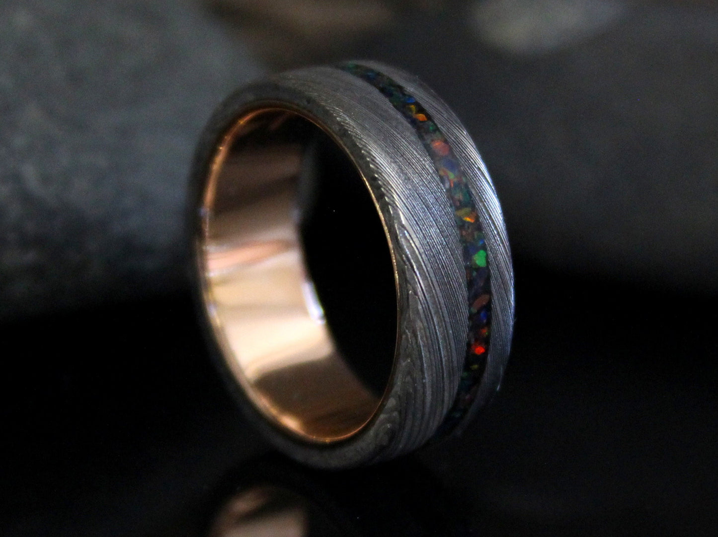 Damascus Steel Ring with Rose Gold and Black Opal