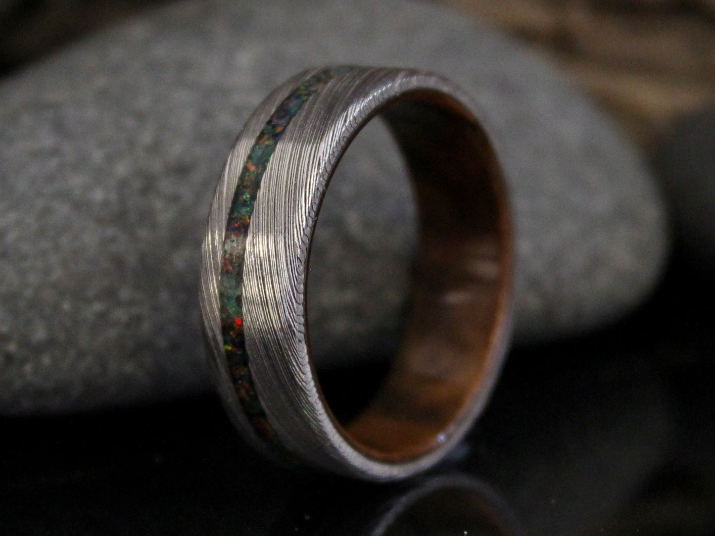 Damascus Steel Ring with Walnut Wood and Black Opal