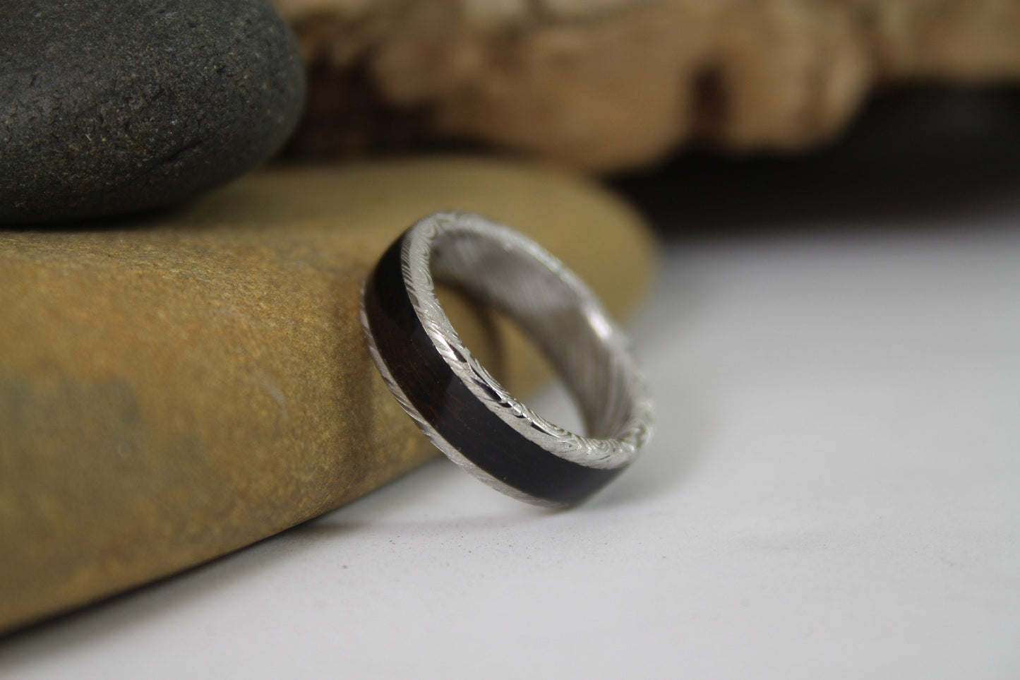 Damascus Steel Ring With Ebony Wood Inlay