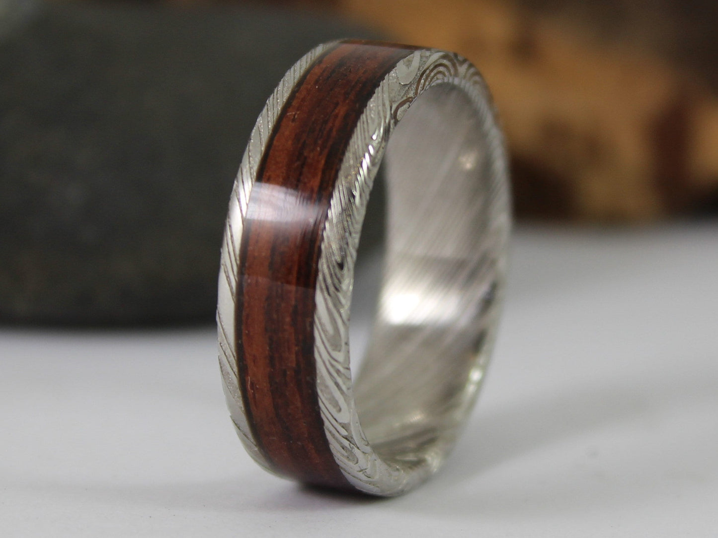 Damascus Steel Ring With Kingwood Inlay