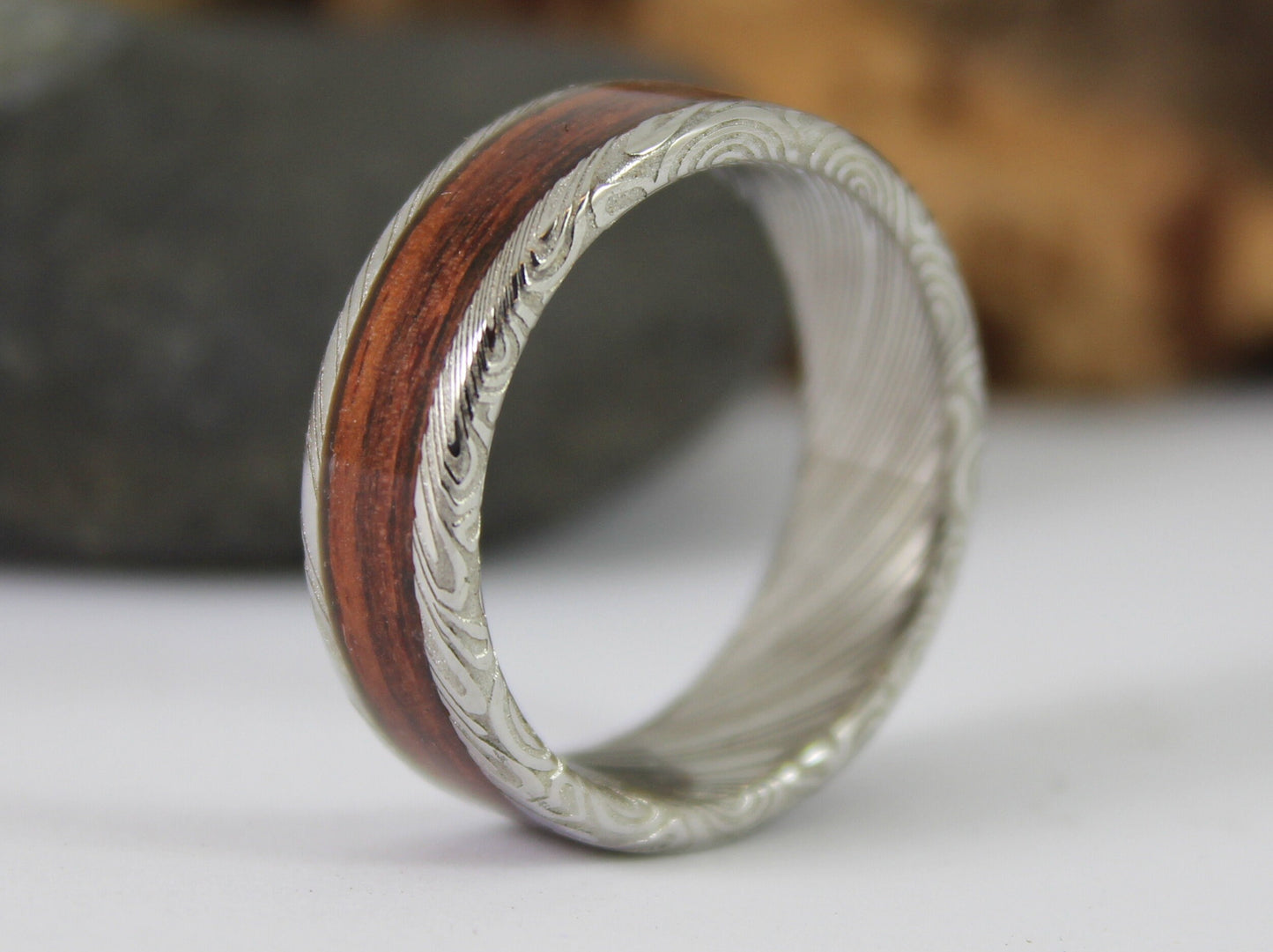 Damascus Steel Ring With Kingwood Inlay