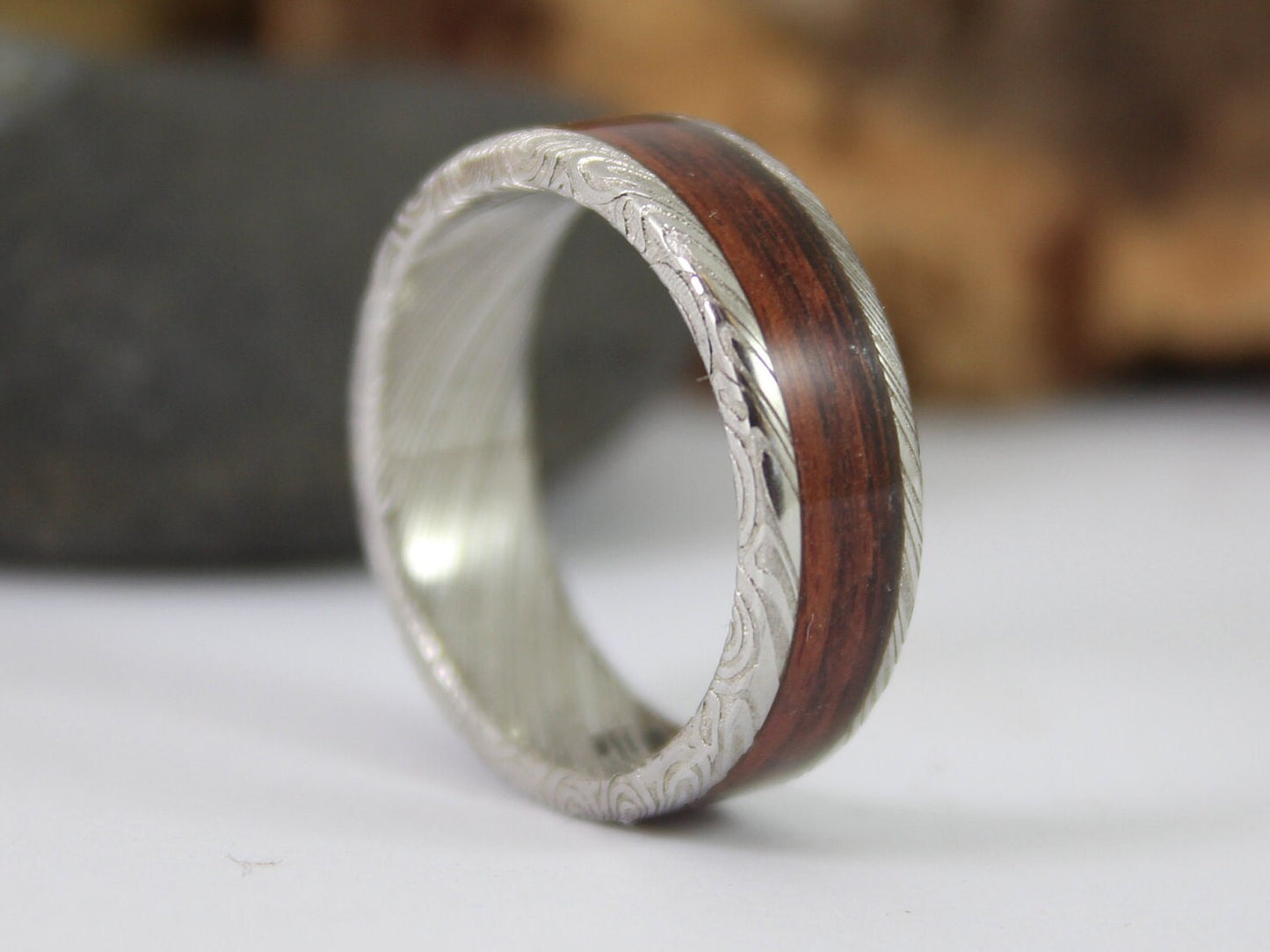 Damascus Steel Ring With Kingwood Inlay