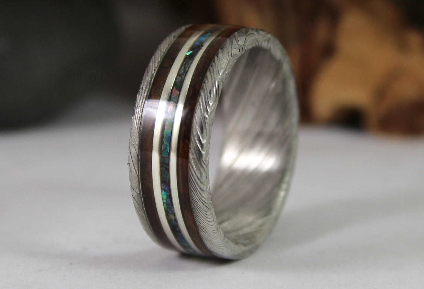 Damascus Steel Ring with Wood, Abalone Shell and Silver