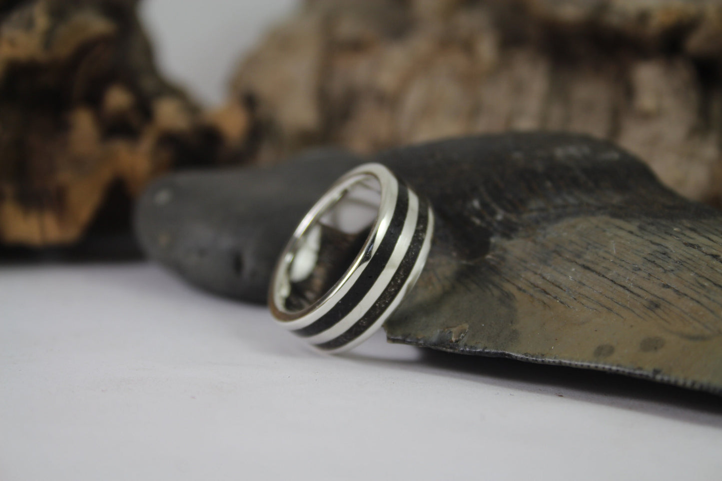 Silver Ring with Megalodon Tooth Fossil and Tektite Meteorite