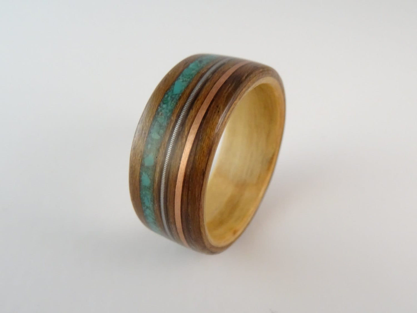 Maple & Tropical Olive Wood with Turquoise, Copper and a Guitar String Bent Wood Ring