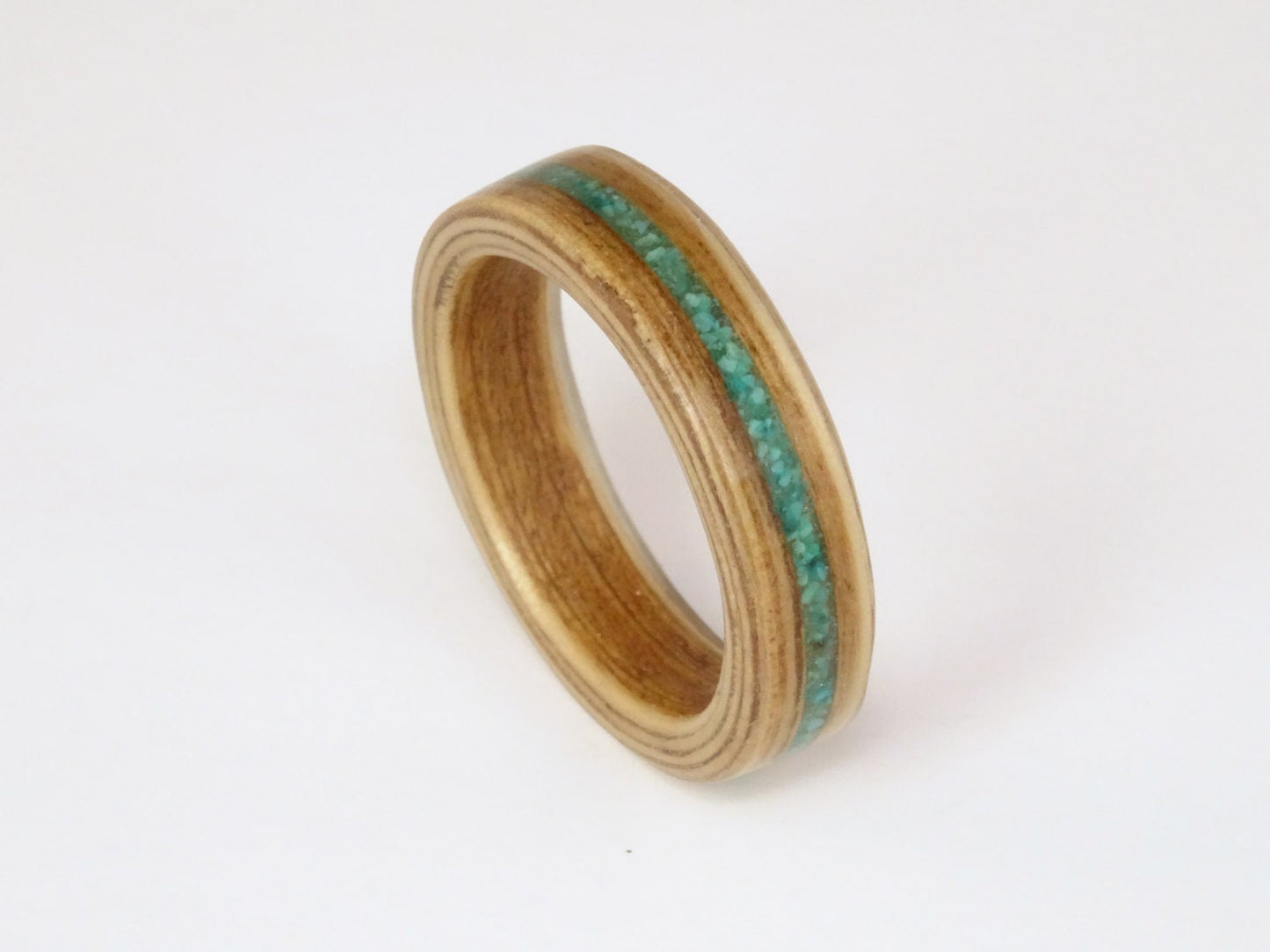 Oak Bent Wood Ring with a crushed Turquoise inlay,