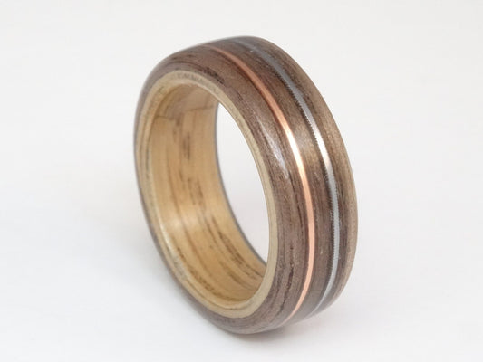 Walnut and Oak with Copper and Guitar String Bent Wood Ring