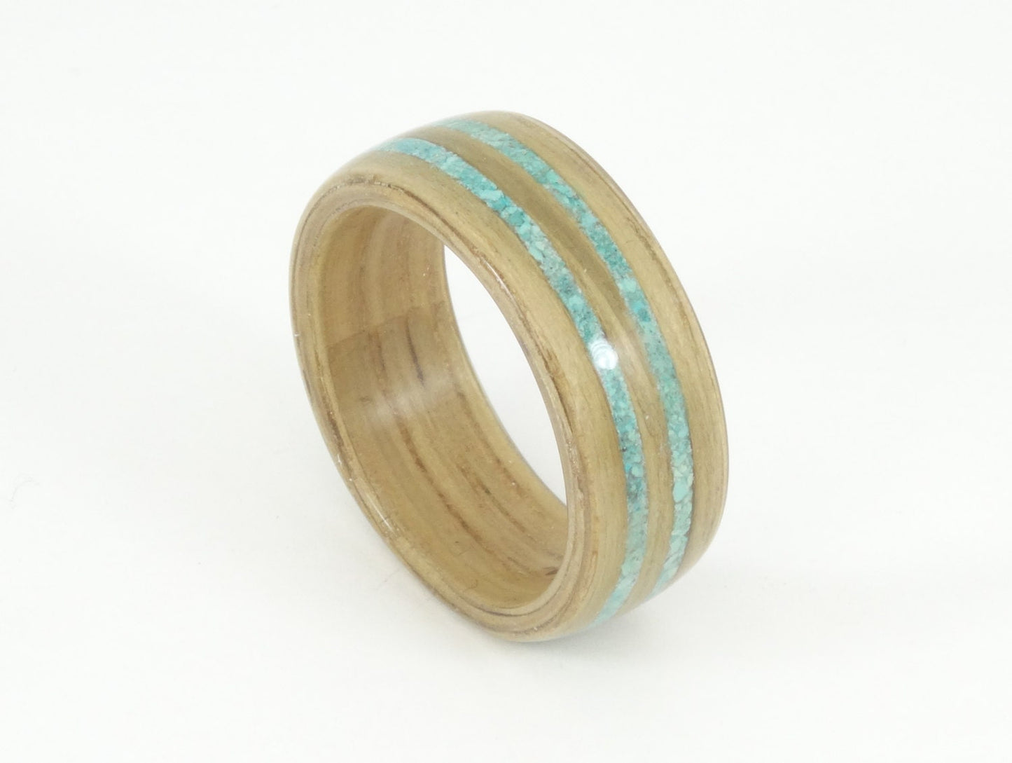 Oak with Double Turquoise Inlay Bent Wood Ring